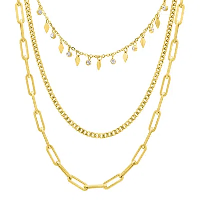 Adornia 14k Gold Plated Paperclip, Curb, And Dangle Diamond Chain Necklace Set