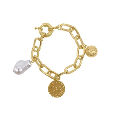 Adornia 14k Gold Plated Pearl And Charm Link Bracelet With Oversized Lock