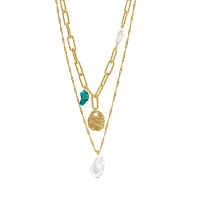 Adornia 14k Gold Plated Pearl And Turquoise Stone Pendants Layered Necklace