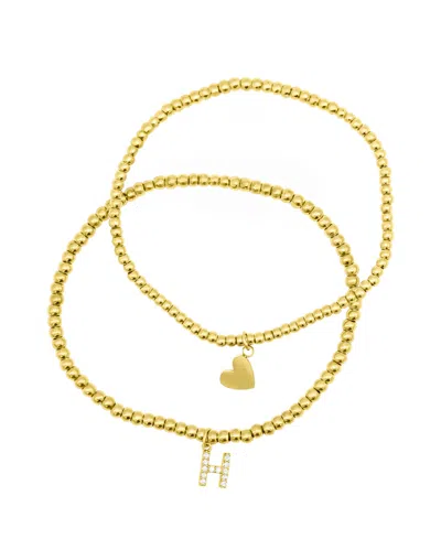 Adornia 14k Gold-plated Stretch Bracelet Set With Mini Crystal Initial In Gold- H