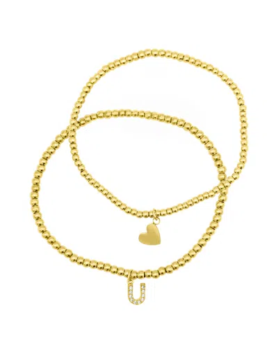 Adornia 14k Gold-plated Stretch Bracelet Set With Mini Crystal Initial In Gold- U