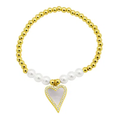 Adornia 14k Gold Plated Stretch Pearl Bracelet With Mother-of-pearl Halo Heart In White