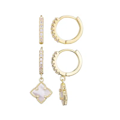 Adornia 14k Gold Plated White Mother Of Pearl Clover Cz Huggie Set In Multi
