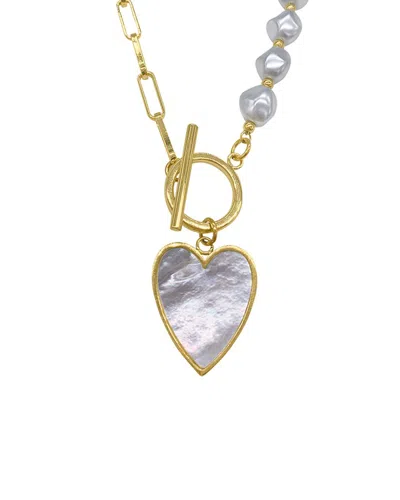 Adornia Imitation Pearl And Chain Heart Toggle Necklace In Silver