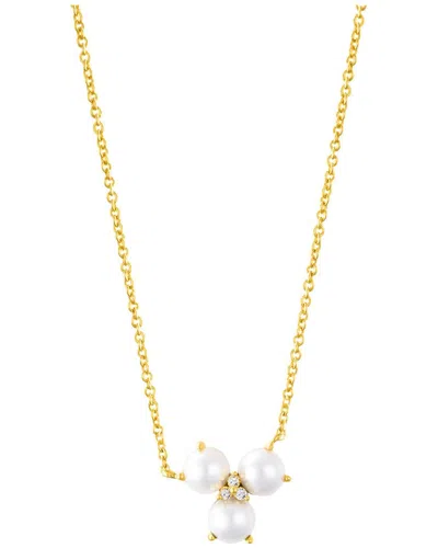 Adornia Gold Adjustable Freshwater Cultivated Pearl Cubic Zirconia 3-point Flower Necklace In White
