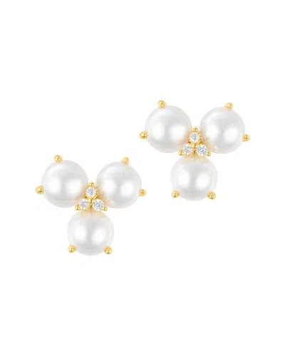 Adornia 14k Gold Plated 3-point Freshwater Pearl Flower With Cz Earrings In Silver