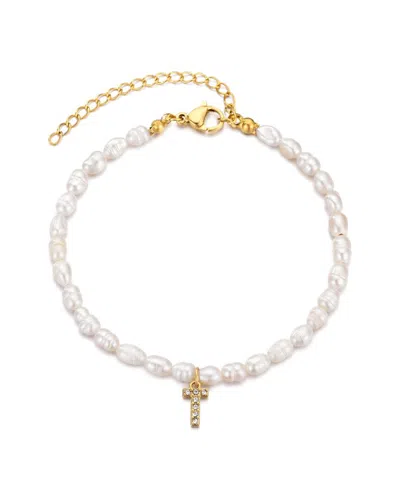 ADORNIA ADORNIA 14K PLATED DIAMOND & 4MM PEARL PAVE LETTER BRACELET