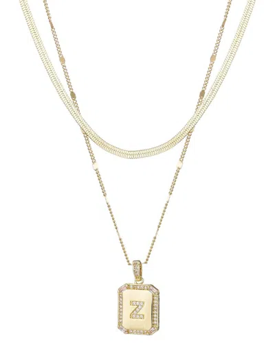 ADORNIA ADORNIA 14K PLATED DIAMOND CZ PAVE TAG PENDANT & HERRINGBONE CHAIN NECKLACE