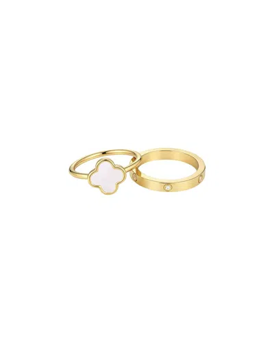 Adornia 14k Plated Mother Of Pearl Clover And Cz Eternity Band Ring Set In Gold