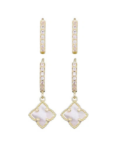 Adornia 14k Plated Mother-of-pearl Cz Clover Huggie Set Earrings In Gold