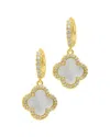 Adornia 14k Gold-plated Crystal Halo White Mother-of-pearl Clover Dangle Huggie Earrings In Gold