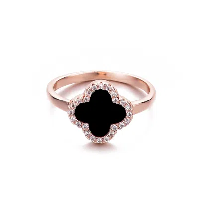 ADORNIA 14K ROSE GOLD PLATED BLACK HALO CZ CLOVER RING
