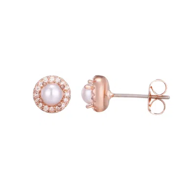Adornia 14k Rose Gold Plated Freshwater Pearl Cz Halo Stud Earrings In Pink
