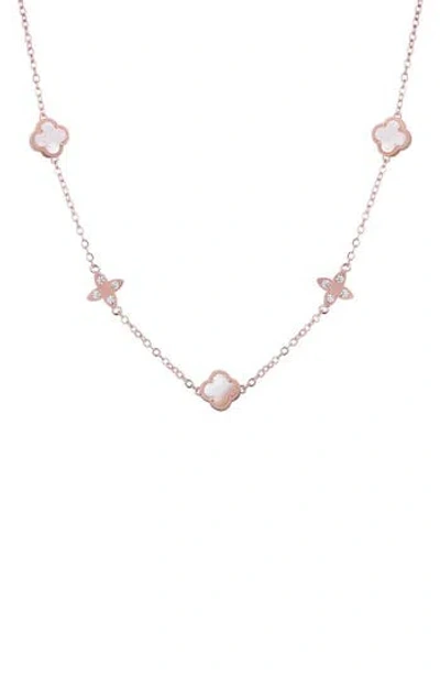 Adornia 14k Rose Gold Plated Mother Of Pearl Cz Clover Station Necklace In Silver