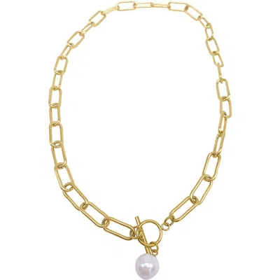 ADORNIA ADORNIA 18K GOLD PLATED 7–8MM FRESHWATER PEARL PAPER CLIP TOGGLE NECKLACE