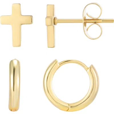 Adornia 18k Gold Plated Cross & Huggie Hoop Mismatch Earring Set