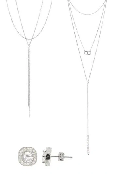 Adornia 2 Lariat Necklaces & Stud Earrings Set In Silver