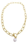 Adornia 8mm Cultured Pearl Charm Paperclip Chain Toggle Necklace In White/gold