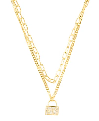 Adornia 14k Gold Plated Adjustable Layered Chain Crystal Lock Necklace