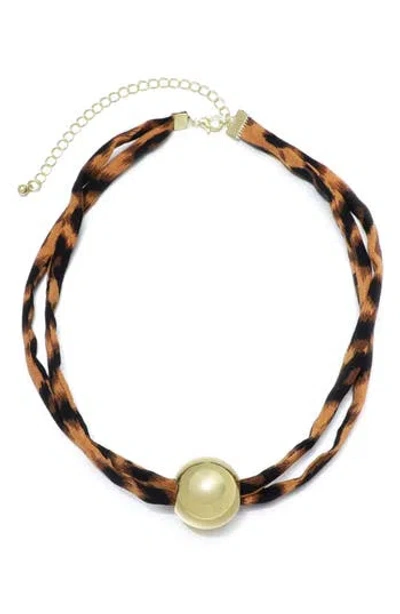 Adornia Plated Ball On Leopard Print Adjustable Necklace In Brown