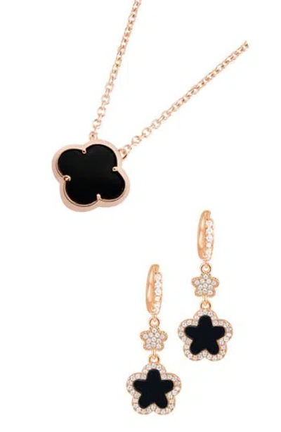 Adornia Clover Pendant Necklace & Drop Earrings Set In Black