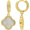 Adornia 14k Gold-plated Crystal Halo White Mother-of-pearl Clover Dangle Huggie Earrings In Gold