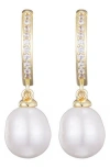 Adornia 14k Gold Plated Cz Huggie Hoop Earrings With Freshwater Pearl Drop In Gold