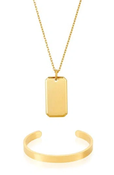 Adornia Dog Tag Pendant Necklace & Cuff Bracelet Set In Gold