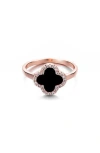 Adornia Rose Gold Cubic Zirconia Black Halo Clover Ring In Pink