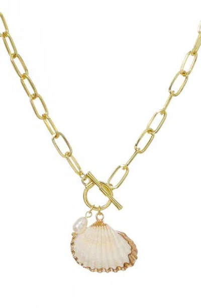 Adornia 14k Gold Plated Freshwater Pearl Shell Toggle Necklace