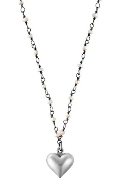 Adornia Fine Freshwater Pearl Rosary Puffy Heart Pendant Necklace In Silver