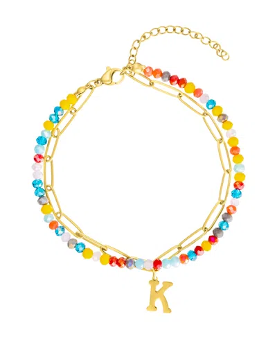 ADORNIA GOLD ADJUSTABLE LAYERED COLOR FAUX STONE AND PAPERCLIP CHAIN INITIAL BRACELET