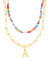 Adornia Gold Adjustable Layered Color Faux Stone Beads And Paperclip Chain Initial Necklace In Letter A