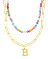 Adornia Gold Adjustable Layered Color Faux Stone Beads And Paperclip Chain Initial Necklace In Letter B