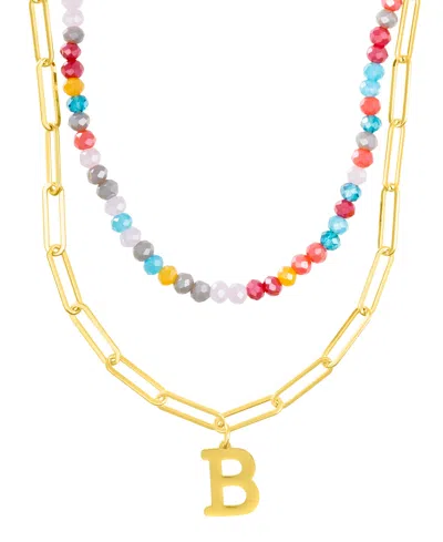 Adornia Gold Adjustable Layered Color Faux Stone Beads And Paperclip Chain Initial Necklace In Letter B