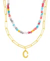 Adornia Gold Adjustable Layered Color Faux Stone Beads And Paperclip Chain Initial Necklace In Letter C