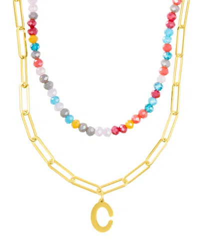 Adornia Gold Adjustable Layered Color Faux Stone Beads And Paperclip Chain Initial Necklace In Letter T