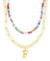 Adornia Gold Adjustable Layered Color Faux Stone Beads And Paperclip Chain Initial Necklace In Letter F