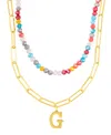 Adornia Gold Adjustable Layered Color Faux Stone Beads And Paperclip Chain Initial Necklace In Letter G