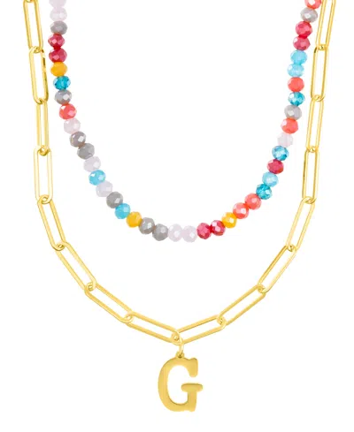 Adornia Gold Adjustable Layered Color Faux Stone Beads And Paperclip Chain Initial Necklace In Letter I
