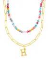 Adornia Gold Adjustable Layered Color Faux Stone Beads And Paperclip Chain Initial Necklace In Letter H