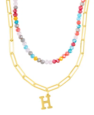 Adornia Gold Adjustable Layered Color Faux Stone Beads And Paperclip Chain Initial Necklace In Letter H