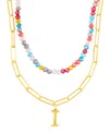 Adornia Gold Adjustable Layered Color Faux Stone Beads And Paperclip Chain Initial Necklace In Letter I