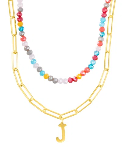Adornia Gold Adjustable Layered Color Faux Stone Beads And Paperclip Chain Initial Necklace In Letter J