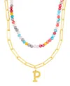 Adornia Gold Adjustable Layered Color Faux Stone Beads And Paperclip Chain Initial Necklace In Letter P