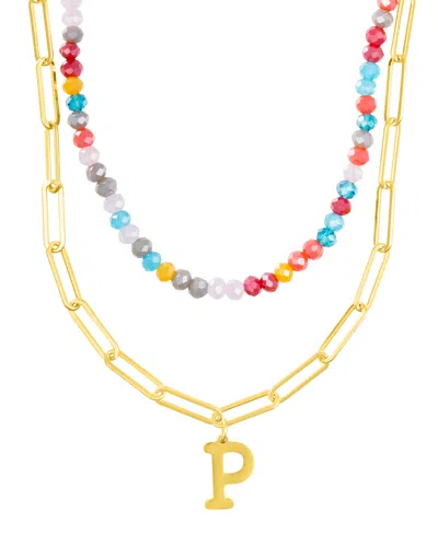 Adornia Gold Adjustable Layered Color Faux Stone Beads And Paperclip Chain Initial Necklace In Letter P