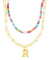 Adornia Gold Adjustable Layered Color Faux Stone Beads And Paperclip Chain Initial Necklace In Letter R