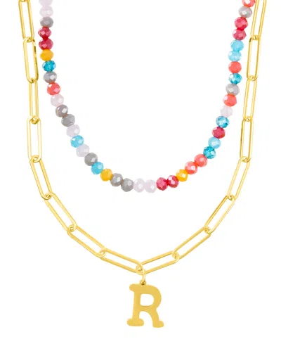ADORNIA GOLD ADJUSTABLE LAYERED COLOR FAUX STONE BEADS AND PAPERCLIP CHAIN INITIAL NECKLACE
