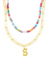 Adornia Gold Adjustable Layered Color Faux Stone Beads And Paperclip Chain Initial Necklace In Letter S