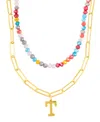 Adornia Gold Adjustable Layered Color Faux Stone Beads And Paperclip Chain Initial Necklace In Letter T
